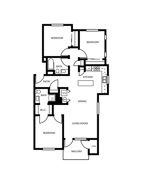 Floor plan for 3 beds, 2 baths, 1235 sqft